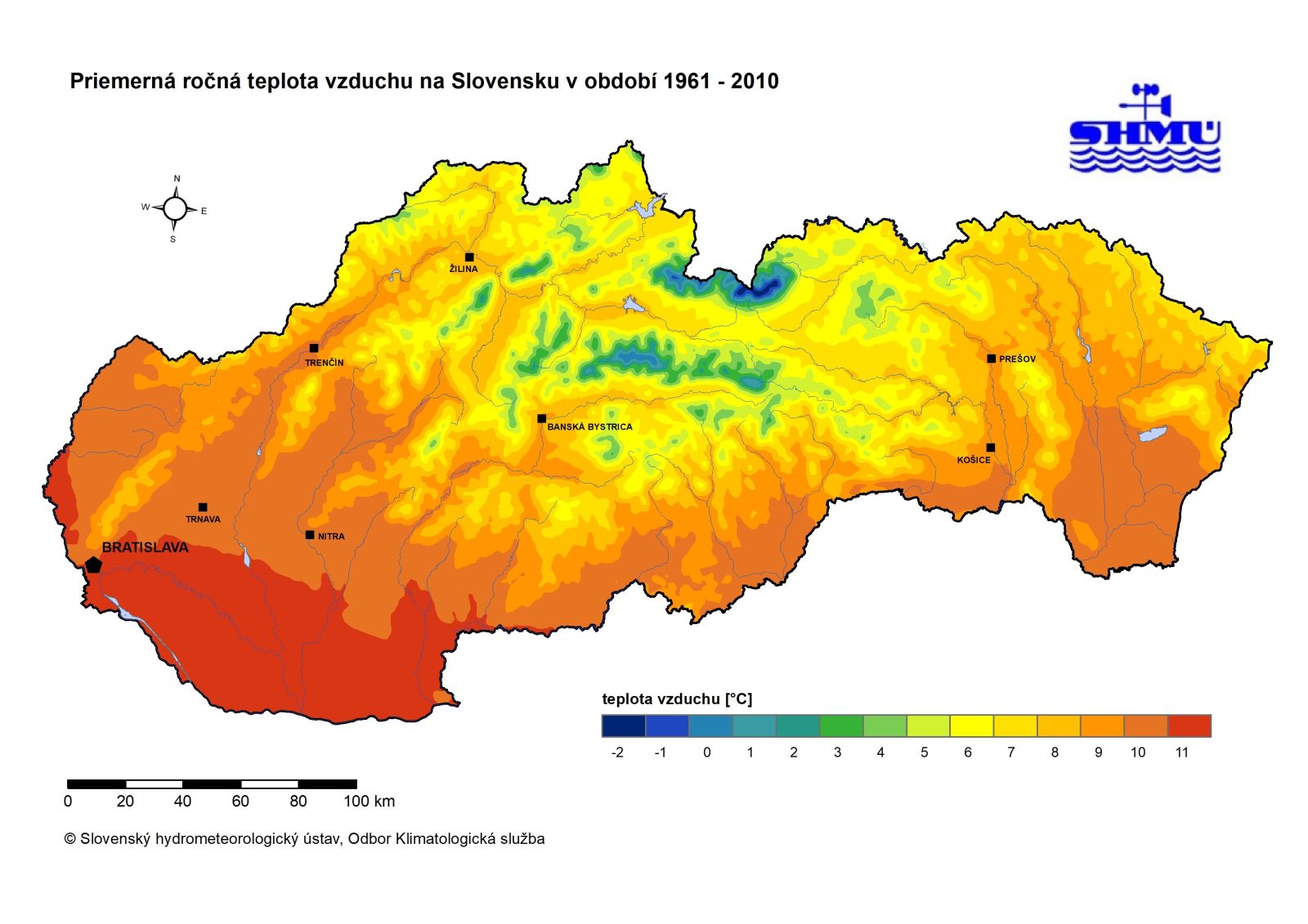 Priemerná ročná teplota vzduchu na Slovensku v období 1961 - 2010