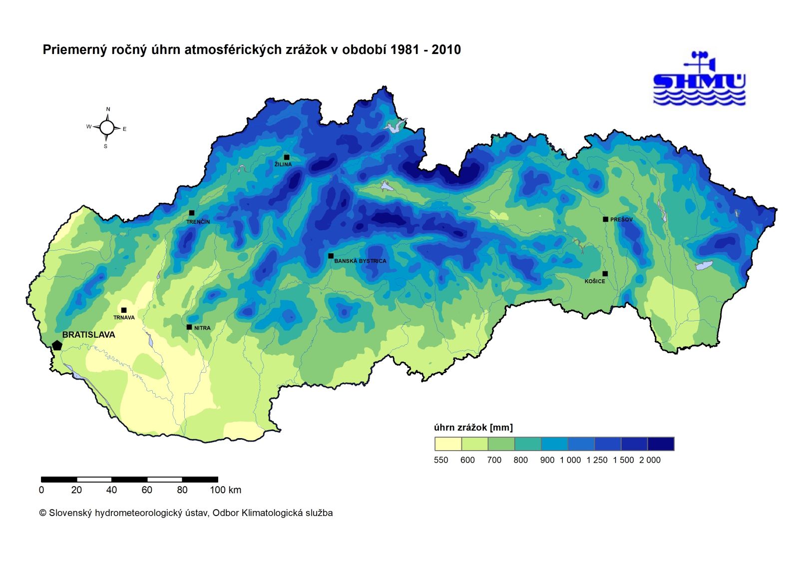 Priemerný ročný úhrn atmosférických zrážok v období 1981 - 2010