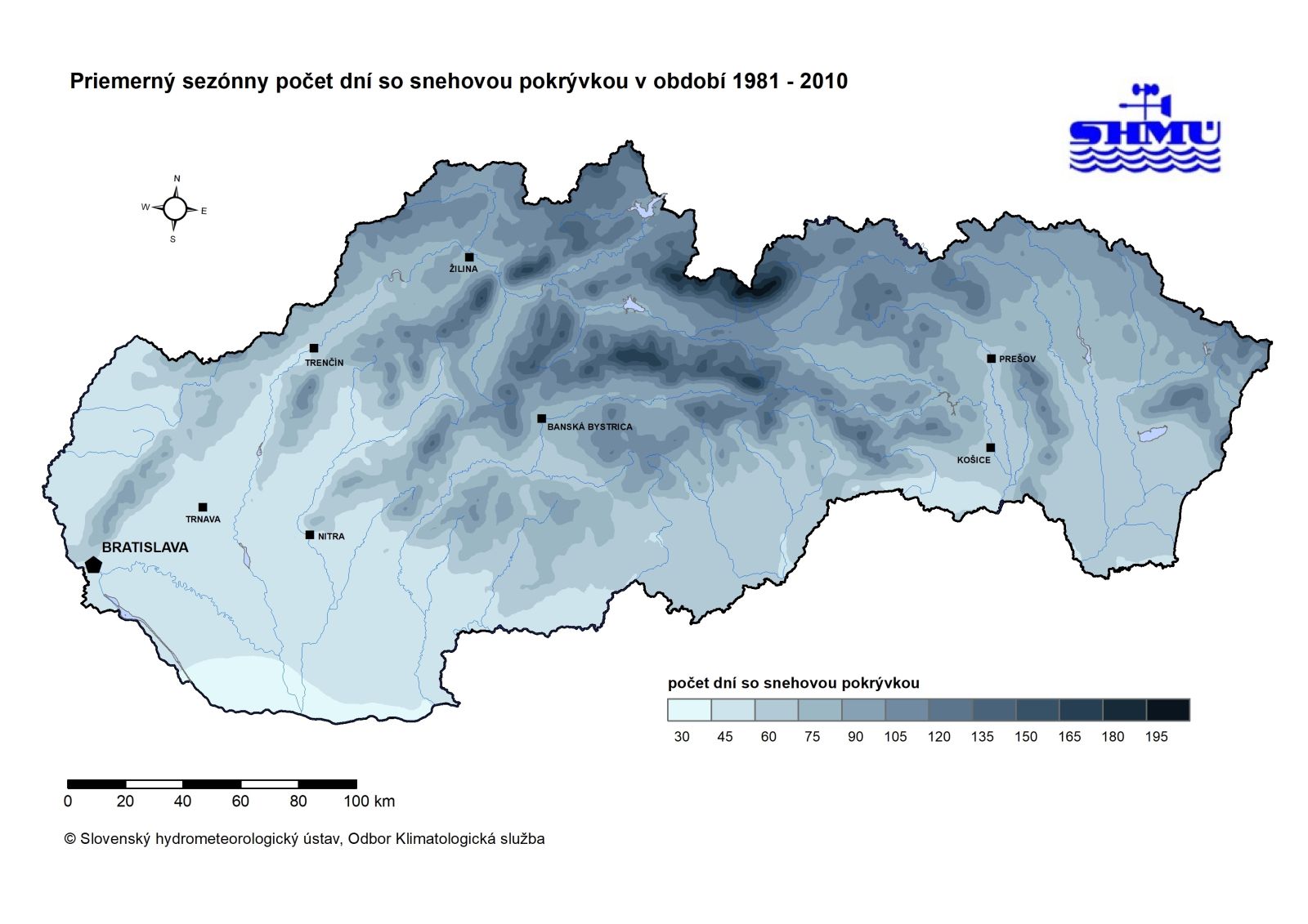 Priemerný sezónny počet dní so snehovou pokrývkou v období 1981 - 2010
