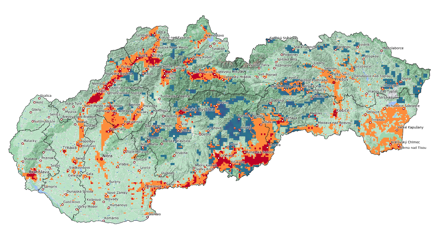 Obr. 1.3 Rizikové oblasti a oblasti s možným výskytom zhoršenej kvality vzdušia.