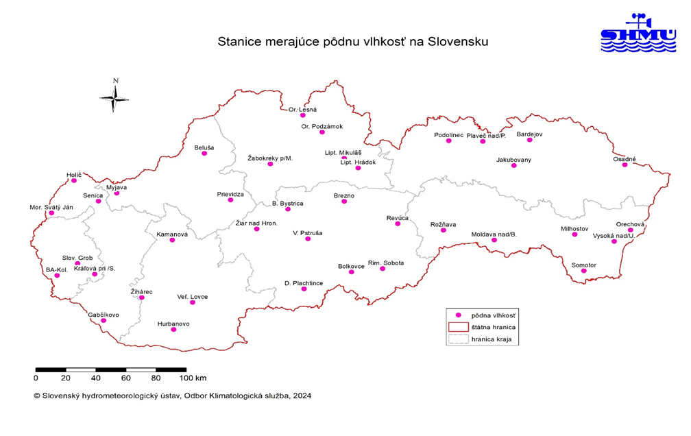 Mapa č. 2 Zoznam staníc merajúcich vlhkosť pôdy na Slovensku