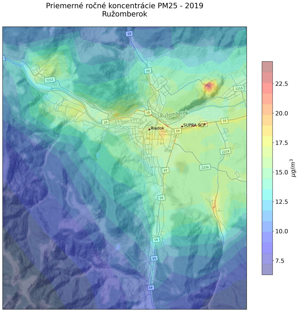 Priemerná kočná koncentrácia PM2.5 v RK, 2019,