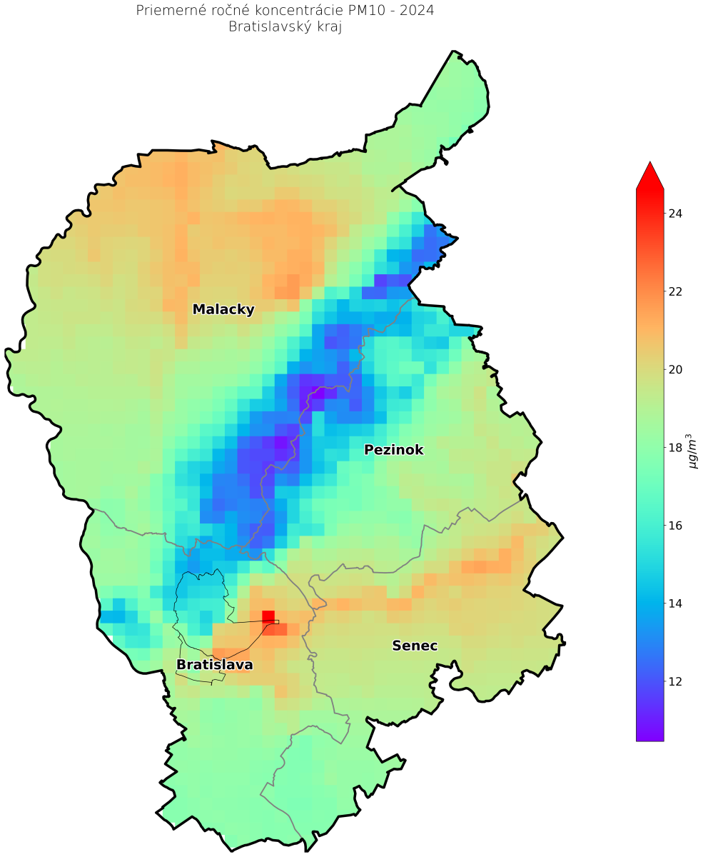 Priemerné ročné koncentrácie v 2023 BA kraj - PM10