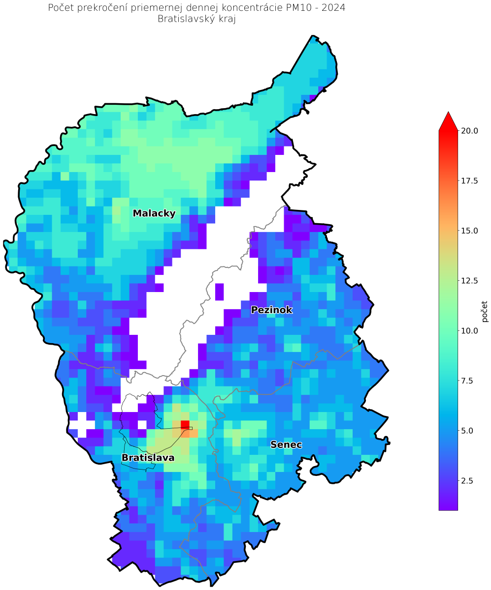 počet prekročení priemernej ročnej koncentrácie v 2023 BA kraj - PM10