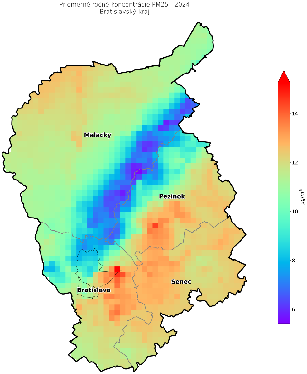 Priemerné ročné koncentrácie v 2023 BA kraj - PM25