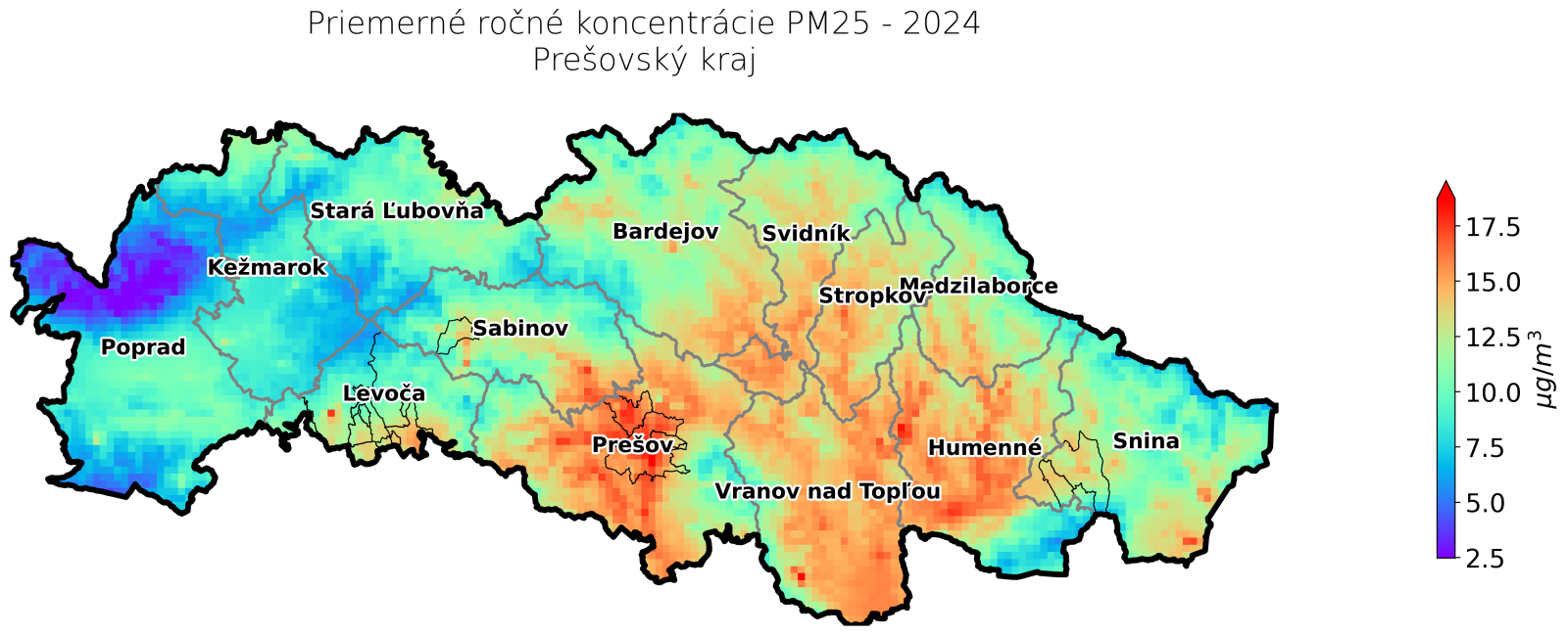 priemerné ročné koncentrácie v 2024 PV kraj - PM25