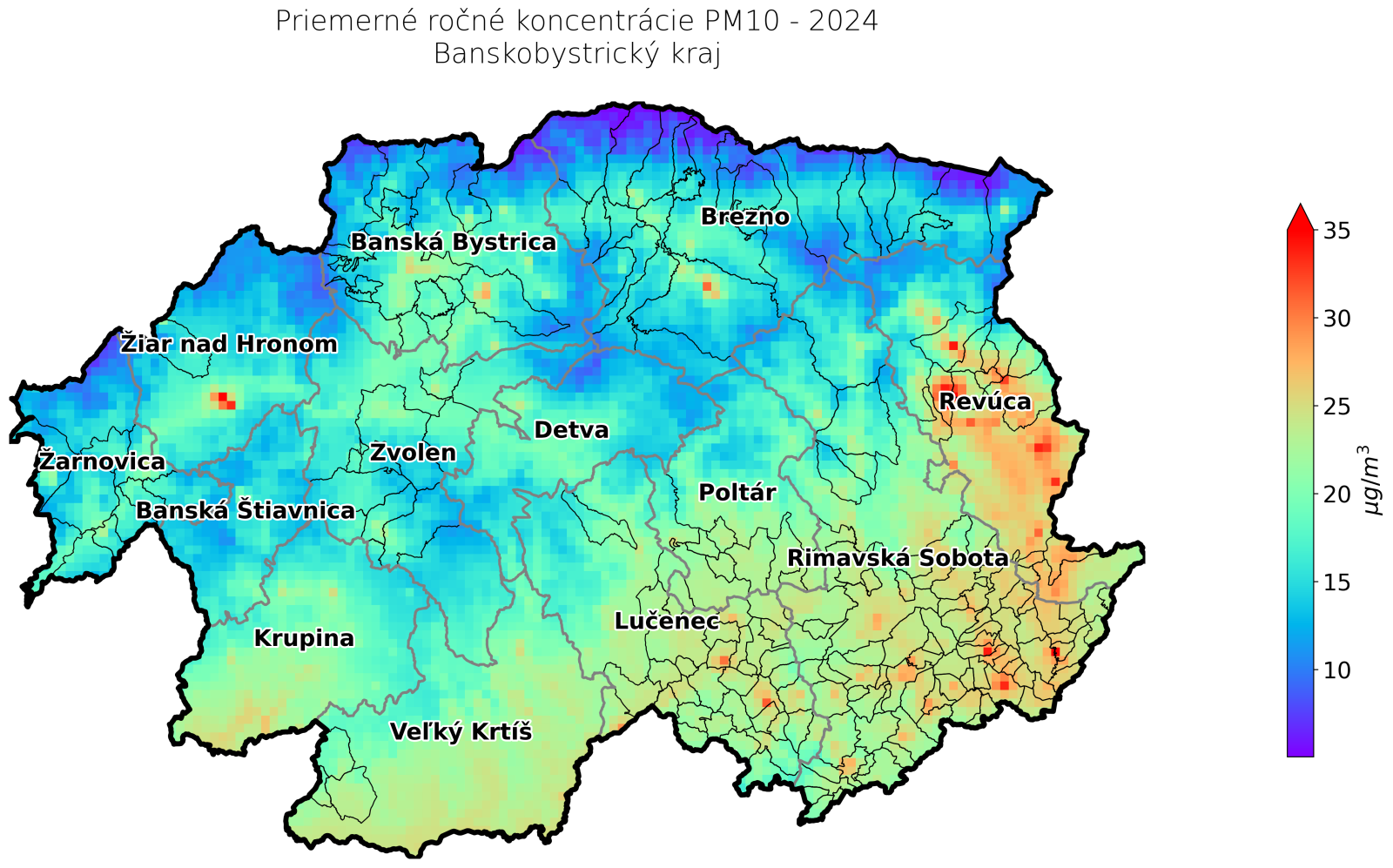 model RIO priemerné ročné koncentrácie PM10 2024 BB kraj