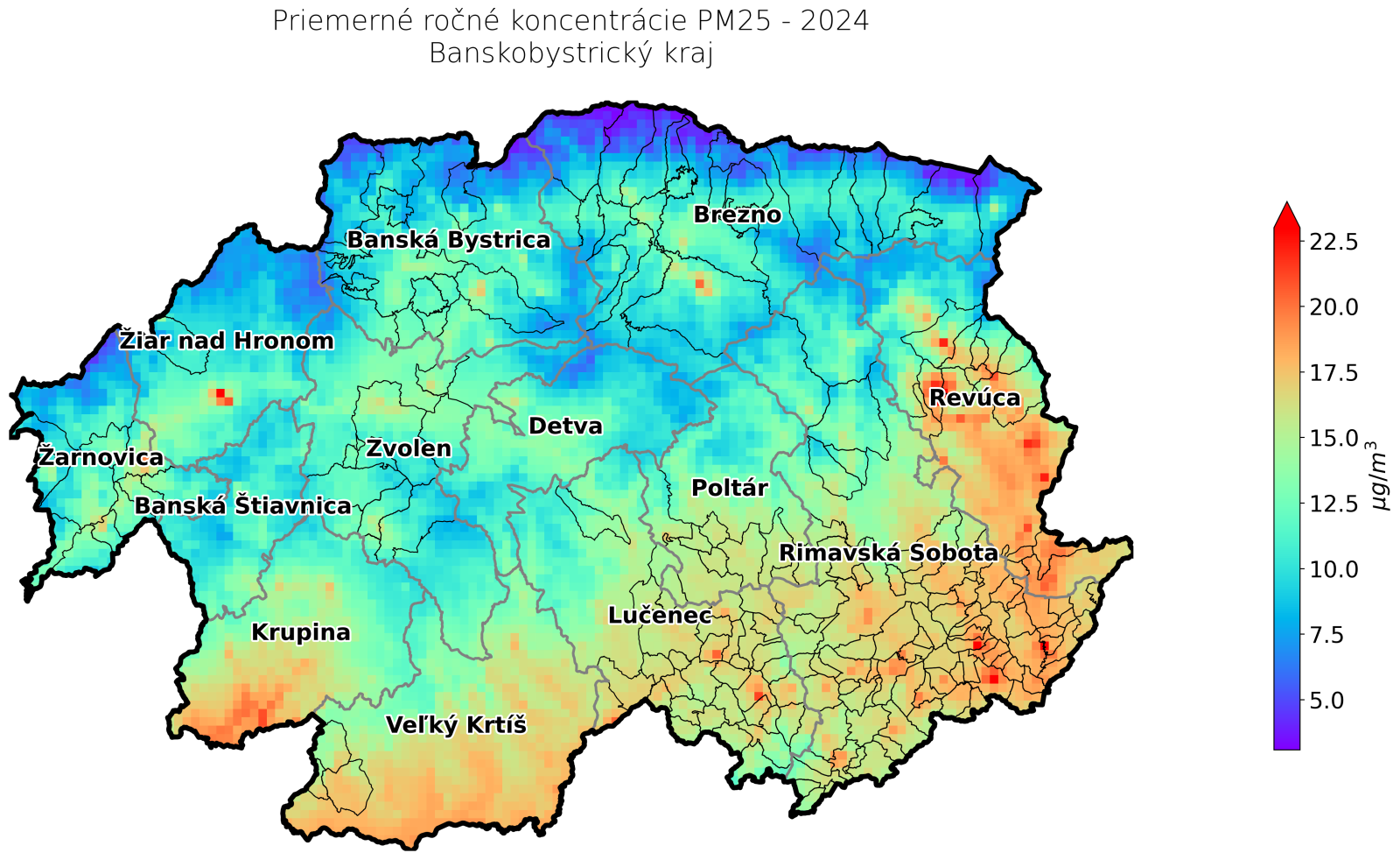 model RIO priemerné ročné koncentrácie PM25 2024 BB kraj