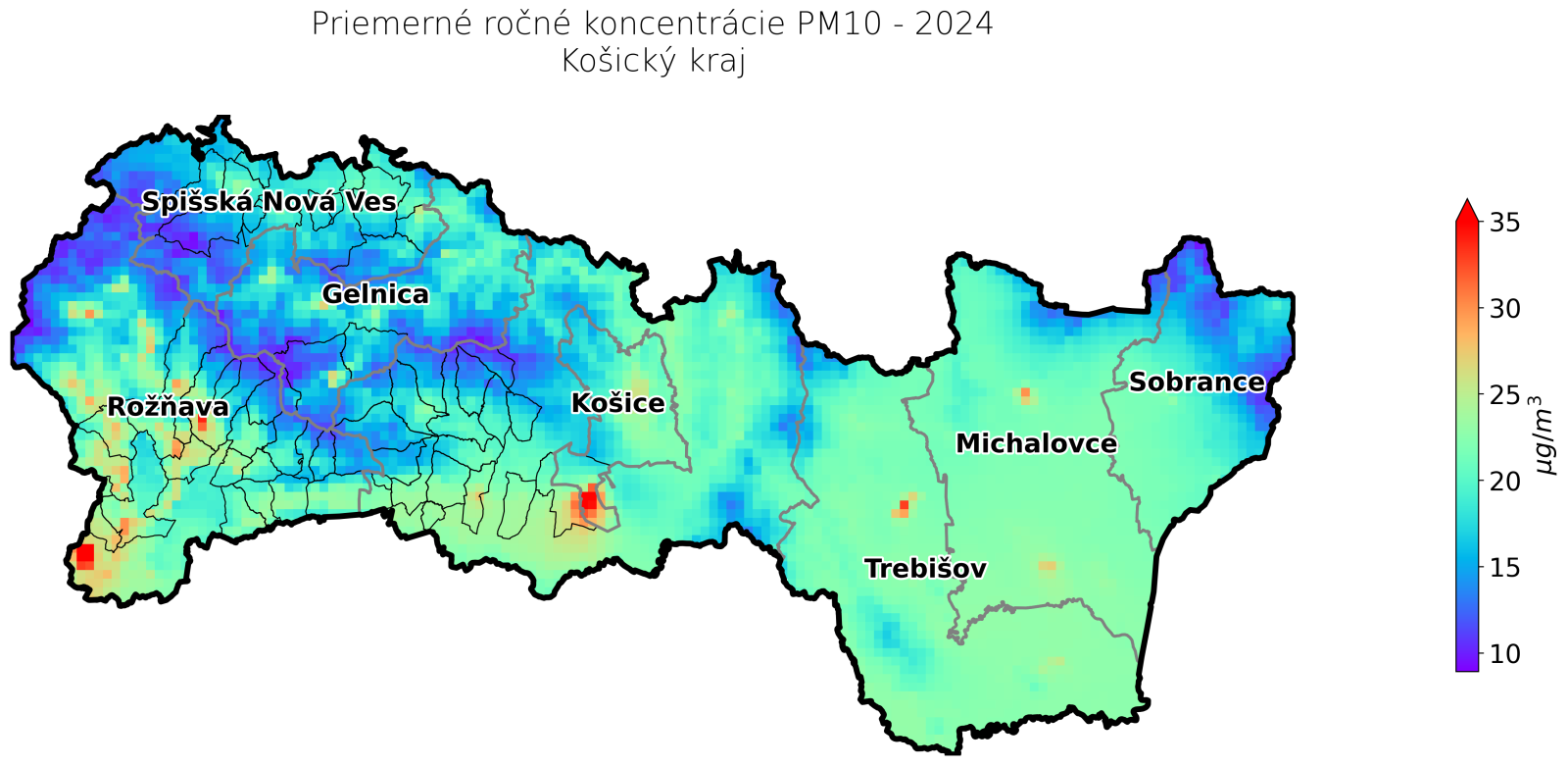 priemerné ročné koncentrácie v 2024 KE kraj - PM10
