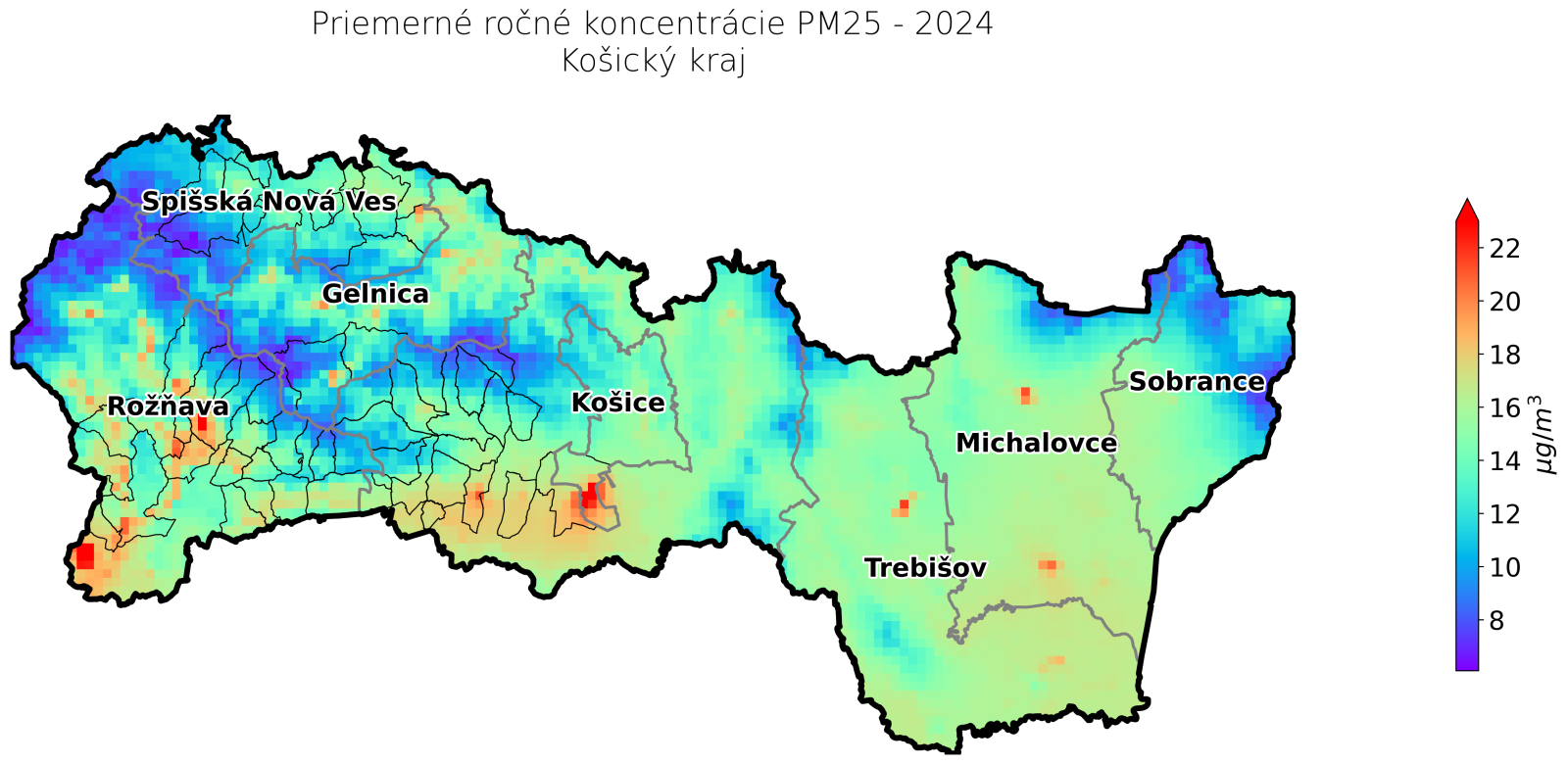 priemerné ročné koncentrácie v 2024 KE kraj - PM25
