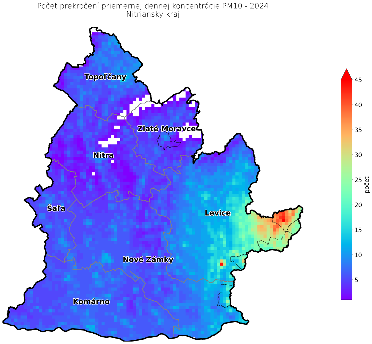 počet prekročení priemernej ročnej koncentrácie PM10 2024 NR kraj
