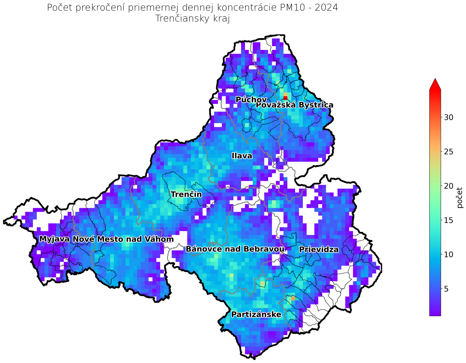 počet prekročení priemernej ročnej koncentrácie TN kraj v 2024 - PM10 
