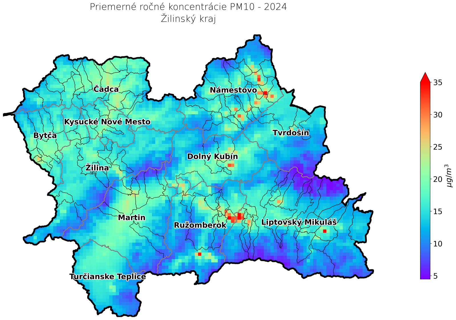 priemerné ročné koncentrácie v roku 2021, ZA kraj - PM10