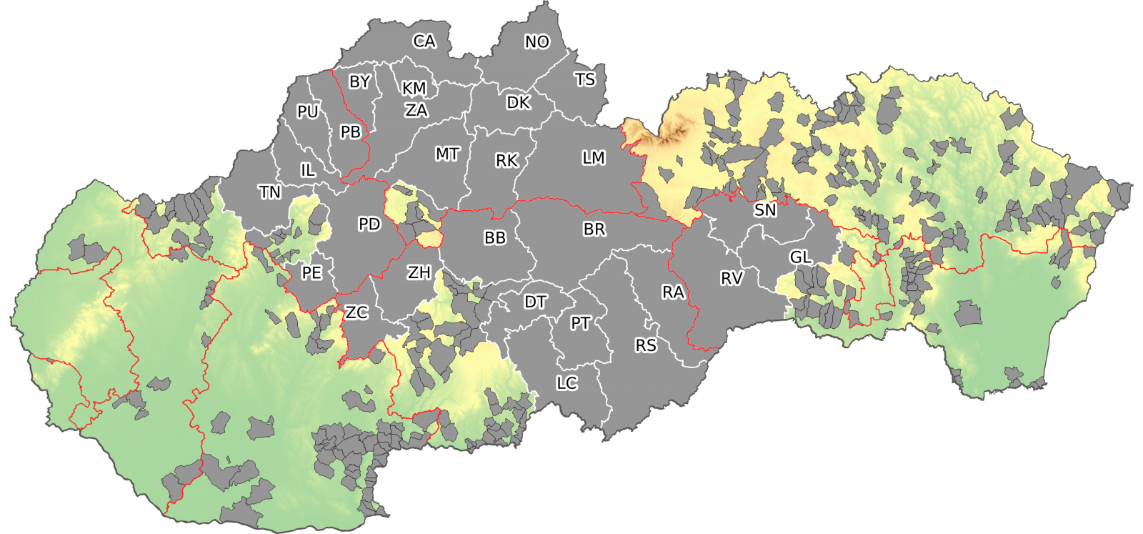 Obr. 1.1 Mapa rizikových obcí a okresov